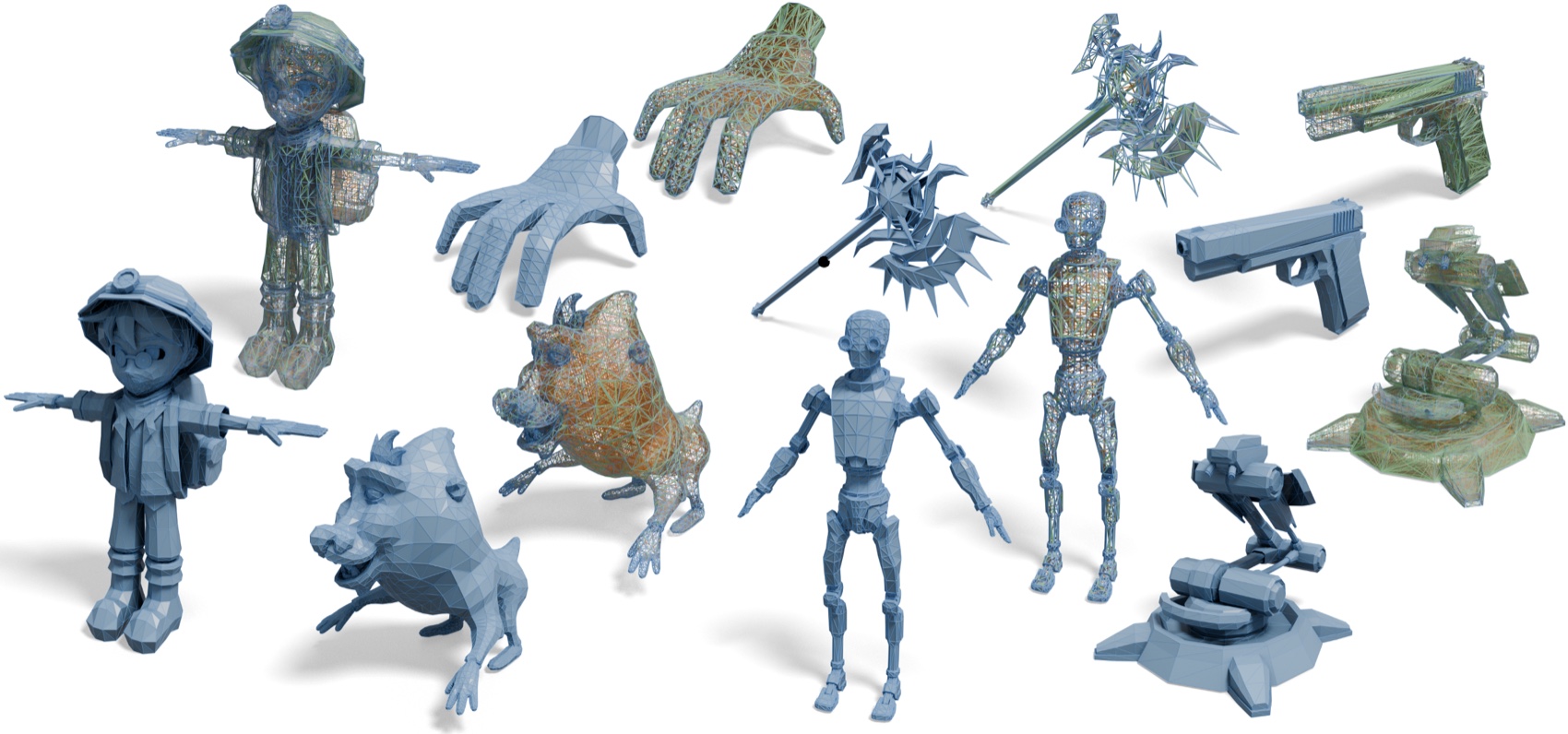 Gallery pairing in-the-wild input meshes with their cut-cell graphs, drawn as dense orange interior edges, green surface crossings, and blue mesh wireframe.