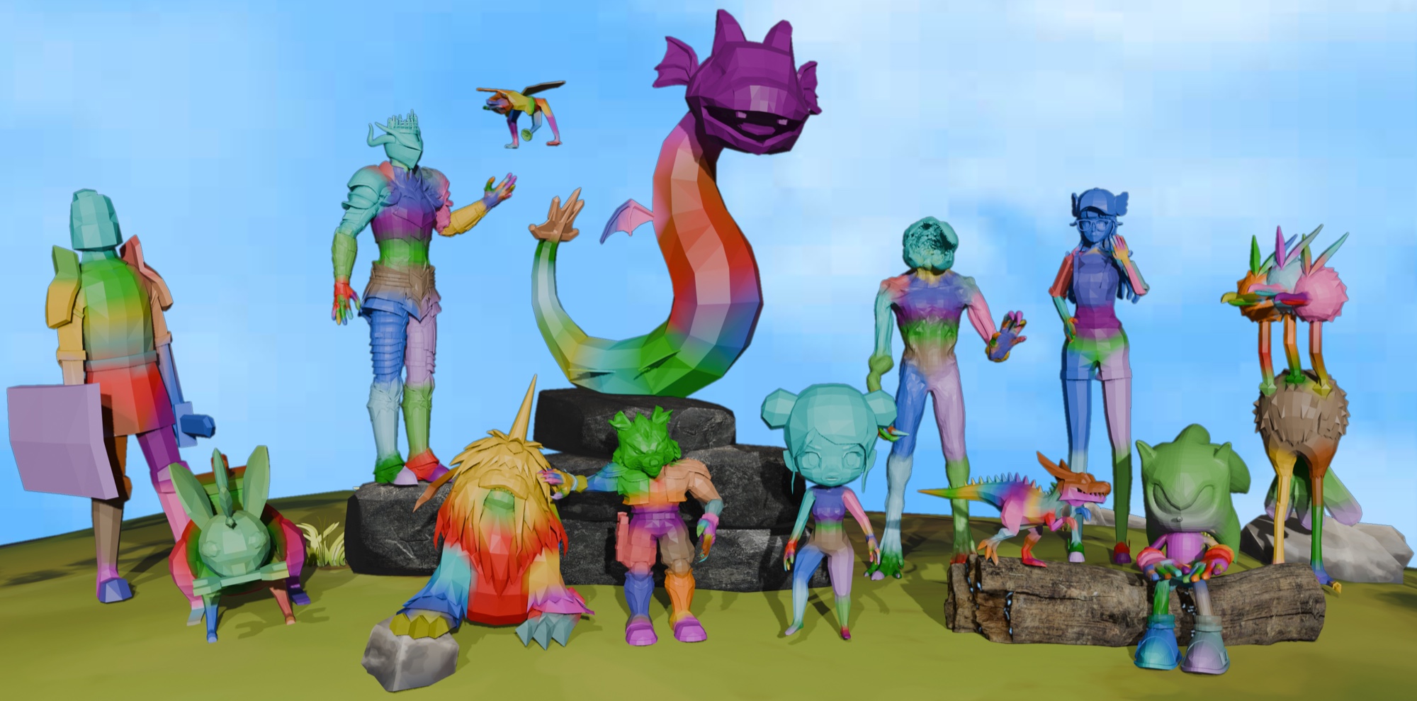 A crowd of stylized characters — knights, creatures, a sea serpent, a plant-like being — each shaded with smoothly varying rainbow colors that visualize per-vertex skinning weights.